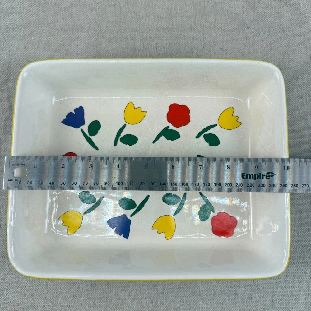 Vintage Tulip Pattern Baker‎ Set w/ Red & Yellow Wire Carriers MCM Pottery